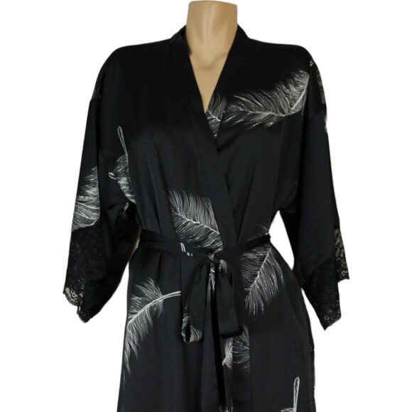 La Vie en Rose Luxury Lace Detail Satin Kimono Small Black White 3/4 Sleeve SW48 - Picture 2 of 7